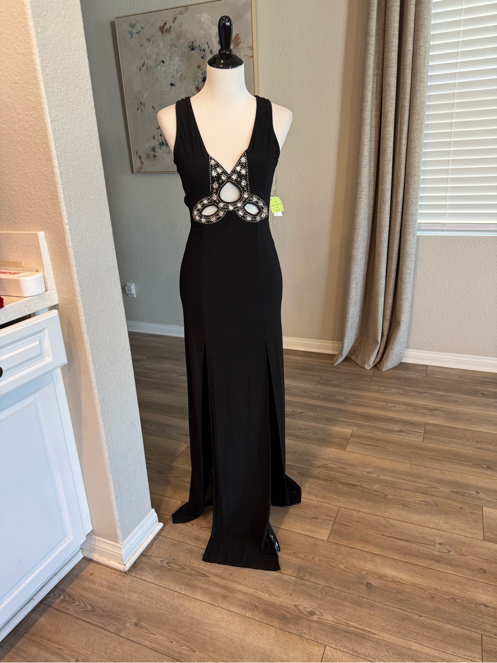 NWOT womens size Small black Sleeveless Evening Gown with Embellished Cutout De